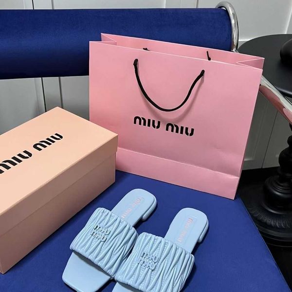 

designer mius beach sandals shoes women new slide line pleated slippers summer wear square thick heels casual patm