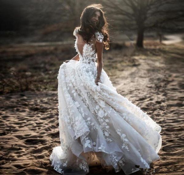 

stylish bohemian a line wedding dresses v neck cap sleeve appliques 3d flower country wedding gowns puffy skirt tulle party dress 4958737, White