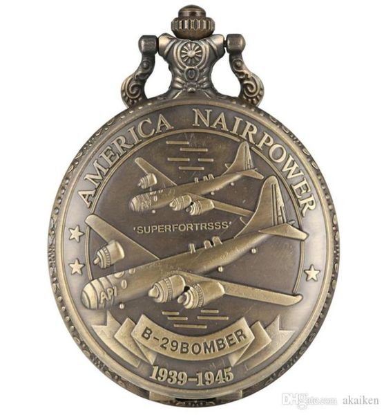 

steampunk us air force airplane design quartz pocket watch cool bronze clock with fob necklace chain souvenir gifts men women2901341, Slivery;golden