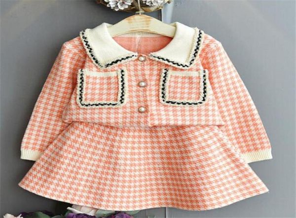 

sell kids clothing sets girls knitted sweater cardiganlattice pleated skirt children princess outfits7633082, White