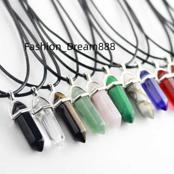 

natural stone hexagonal column pendant bullet necklace tiger eye rose quartz crystal amethyst stone necklace for men and women, Silver