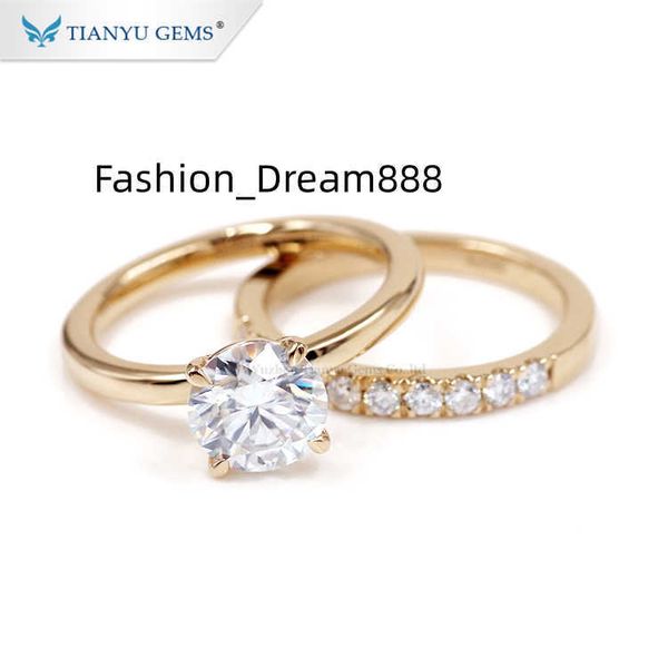 

tianyu fine jewelry anillo bagaue 585 750 real solid yellow gold wedding ring solitaire moissanite engagement ring set for woman, Silver