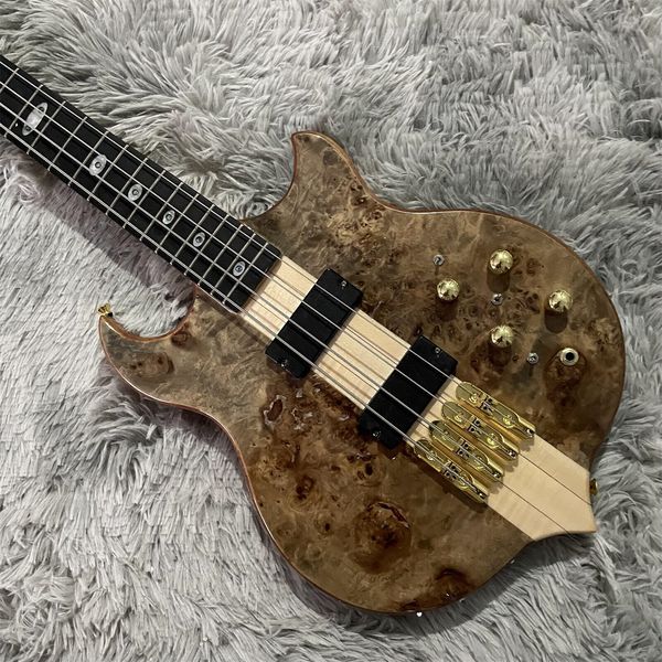 

tree burl 4 strings electric bass neck thru body ebony fretboard gold part