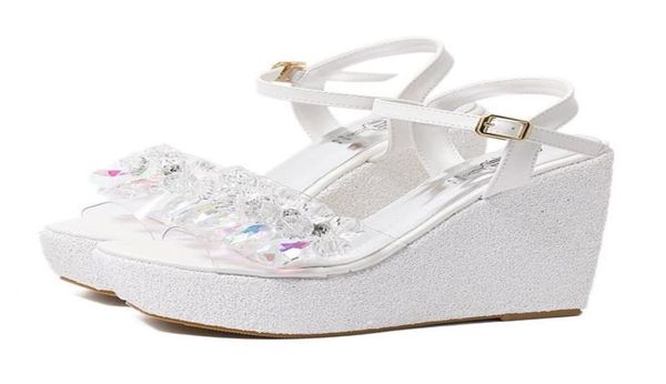 

cross strappy blue white wedding shoes platform wedge sandals peep toe bridesmaid shoes size 34 to 393870332, Black