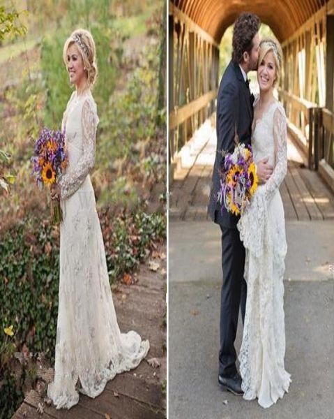 

gorgeous deep vneck applique kelly clarkson long sleeve a line sheer white lace wedding dresses with sweep train elegant dresses8981739