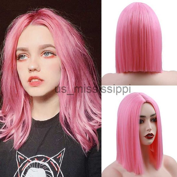 

cosplay wigs 12inch short straight synthetic hair wig bob wig middle part shoulder bob wigs for women colorful fashion cosplay hair pinkblue, Black