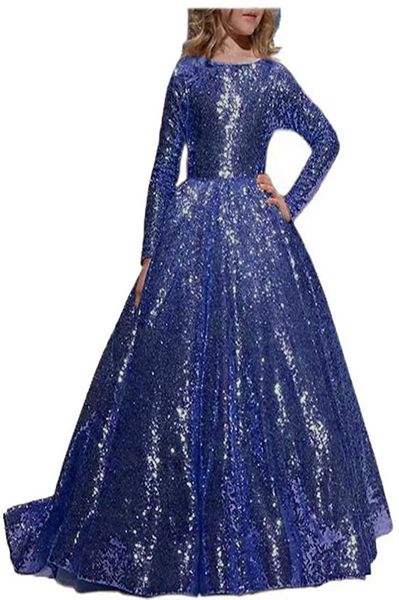 

beautiful flower girl dress sequined pageant ball gown kids long sleeves christmas birthday party dresses graduation gown9121903, White;blue