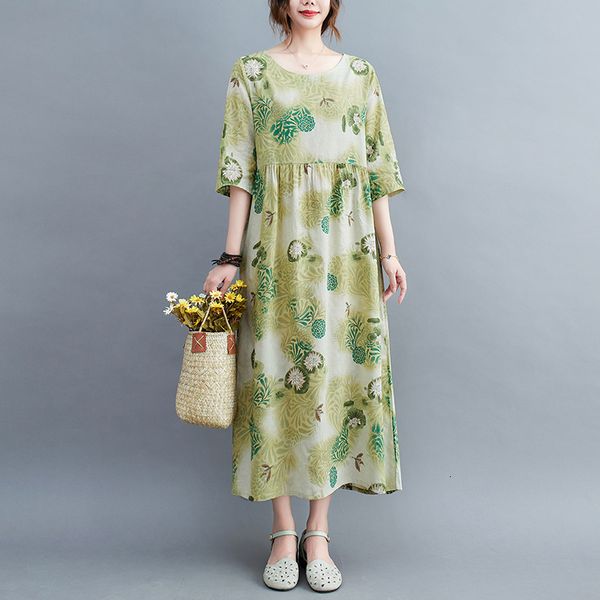 

basic casual dresses 2023 arrival print floral prairie chic vintage summer dress thin soft cotton linen loose women lady work 230628, Black;gray