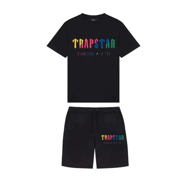 

summer new trapstar london shooter short-sleeved t shirt suit chenille decoding black ice flavor 2.0 men's round neck t-shirt shorts2fo, White;black