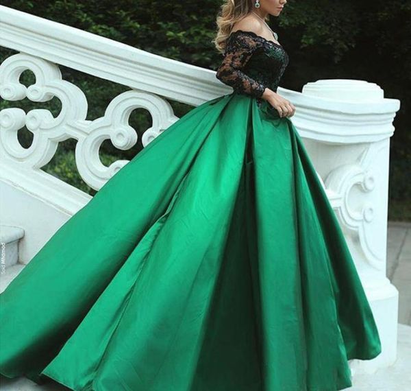 

off shoulder dark green ball gown evening dresses with long sleeves black sequined lace evening gowns plus sizse vestido de festa1750286, Black;red