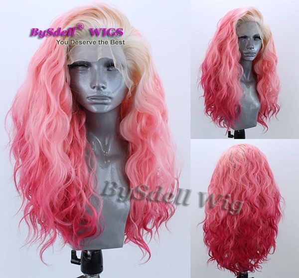 

natural water curly wave wig synthetic blonde 613 ombre pink red color hair lace front wig pale color lace front wigs for women8751248, Black
