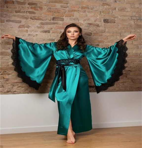 

elegant night gown ruched silk bride sleepwear robes chic lace v neck long sleeves custom made dressing pajamas with sash4495040, White;pink