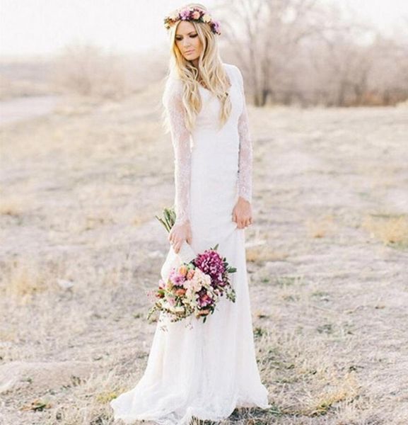 

2019 bohemian lace wedding dress sheath vneck long sleeves sweep train beach garden chic bridal dresses for winter fall uk style7032362, White