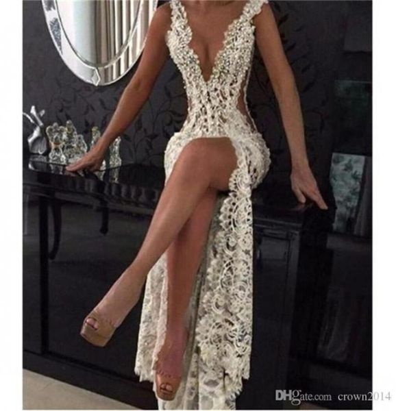 

mermaid prom dresses 2022 ivory champagne lace evening gowns deep v neck beaded pearls high slit sheer formal party pageant d8802834, Black;red