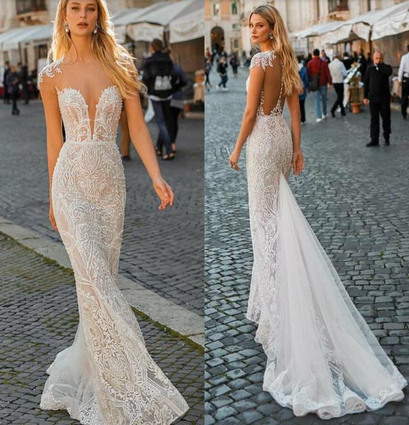 

2020 illusion mermaid wedding dresses berta short sleeves full lace applique garden summer beach wedding dress customboho bri8320172, White