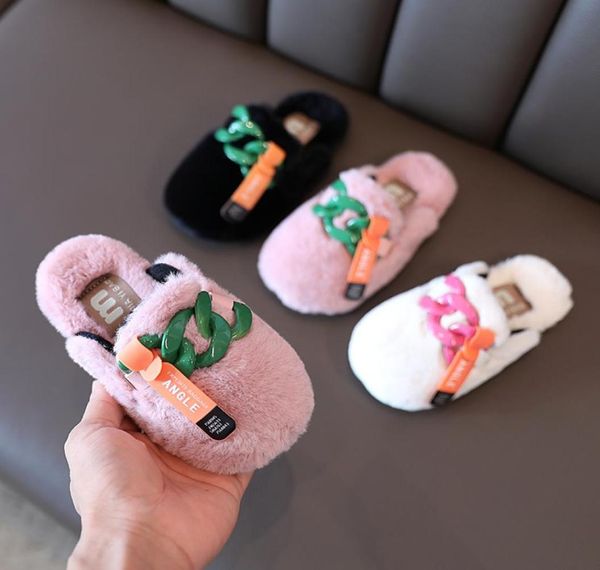 

children slippers kids winter warm chain close toe faux fur girls flat shoes furry house shoes 2204217011373, Black;grey