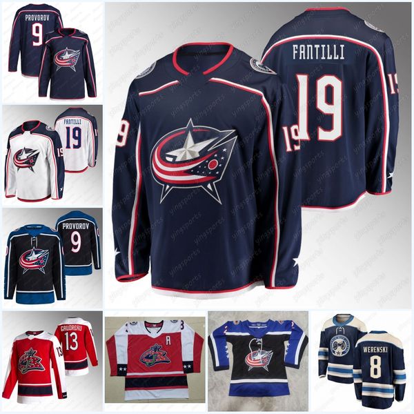 

#19 adam fantilli 9 ivan provorov jerseys blue jackets 13 johnny gaudreau patrik laine elvis merzlikins 78 damon severson kirill marchenko m, Black;red