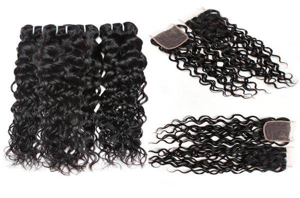 

brazilian human hair 4 bundles with closure 8a brazilian water wave with 4x4 lace closure wet and wavy human hair weave4357979, Black