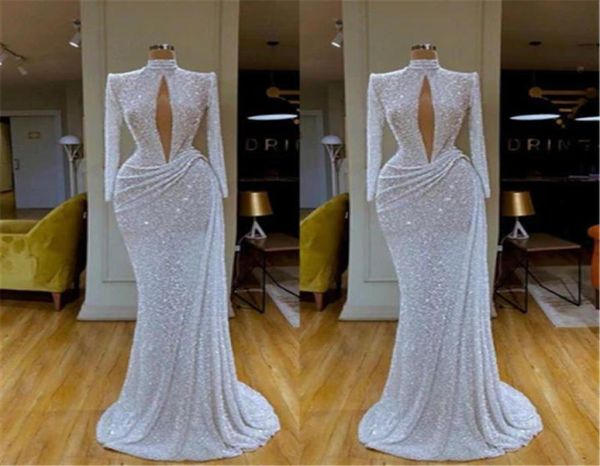 

gorgeous silver sequins mermaid evening dresses keyhole high collar long sleeve pleats long occasion party gowns prom wears b4654082, Black;red