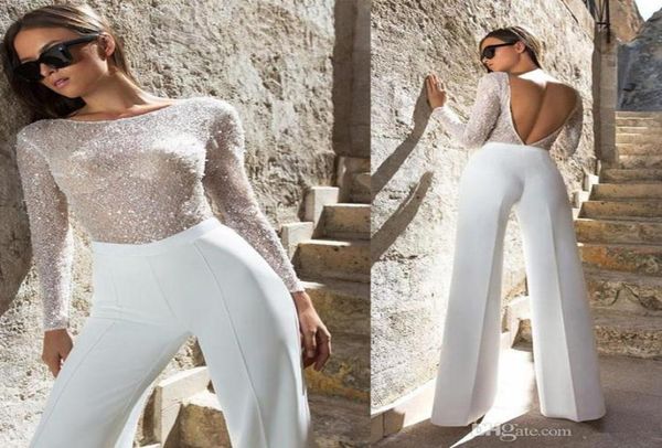 

2020 new jumpsuit wedding dresses sheath jewel neck bling bling sequins long sleeve bridal gowns wedding dress vestidos1977321, White