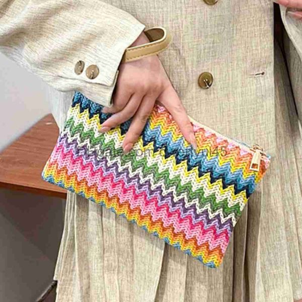 

totes colorful wave straw woven bag women's flip clutch bag summer beach handbag hand-woven bag mobile phone bag female purse wallet