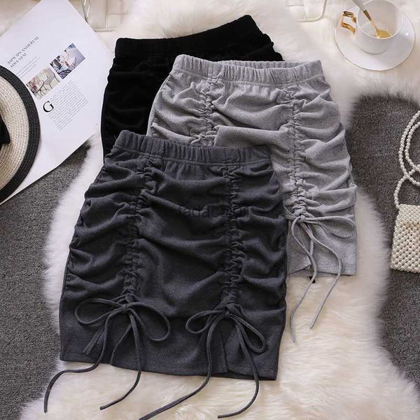 

draw string cotton mini skirt girls summer elastic waist grey black split folds skirts women bottoms l230621
