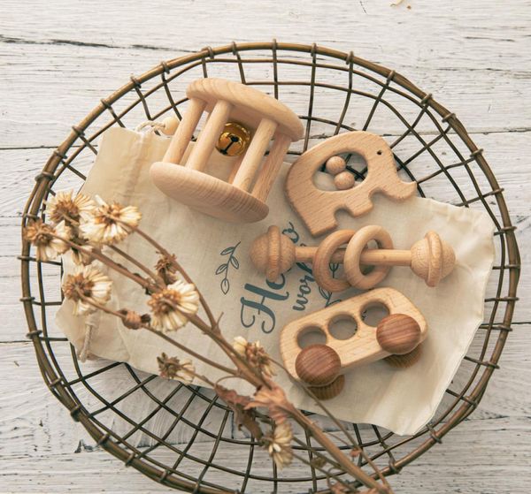 

4 pcsset baby toys natural beech wooden rattles teething rodent ring musical newborn gift montessori stroller toy 2203111081895