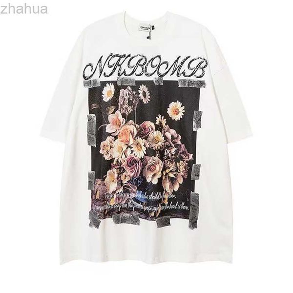 

stussys trendy american retro floral print short sleeved t-shirt for men and women, ins european and american hip-hop oversize street top, White;black