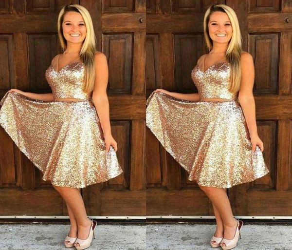 

rose gold sequin short prom dresses v neck two piece formal cocktail party dresses glitter evening gowns knee length ho4610630, Black