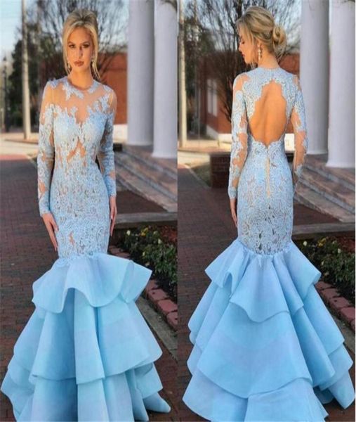

sheer neck lace satin backless light sky blue evening dresses long sleeves mermaid prom dresses formal dresses6497357, Black