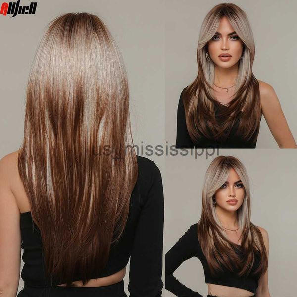 

cosplay wigs long straight blonde layered synthetic wigs brown balayage ombre wigs with bang for black women cosplay costume heat resistant