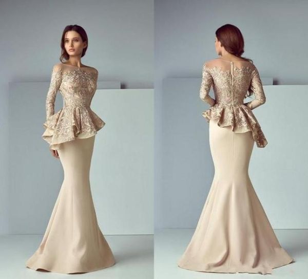 

2020 champagne dubai arabic mermaid prom dresses wear scoop neck lace stain peplum long sleeves floor length party evening formal 6037435, Black