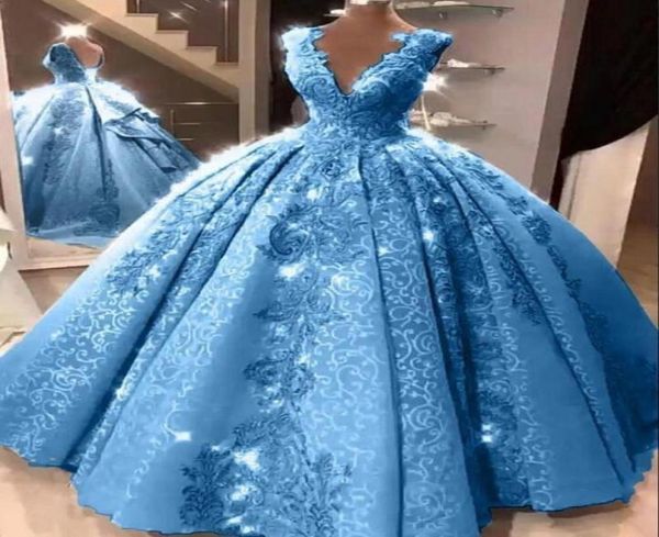 

blue ball gown quinceanera dresses v neck appliques lace prom party gowns for girls 15 years crost back7255067, Blue;red