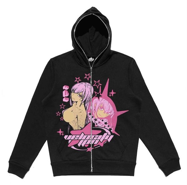 

anime full japanese face zipper sweater loose large hoodie street fashion casual spring and autumn fleece coat, Black