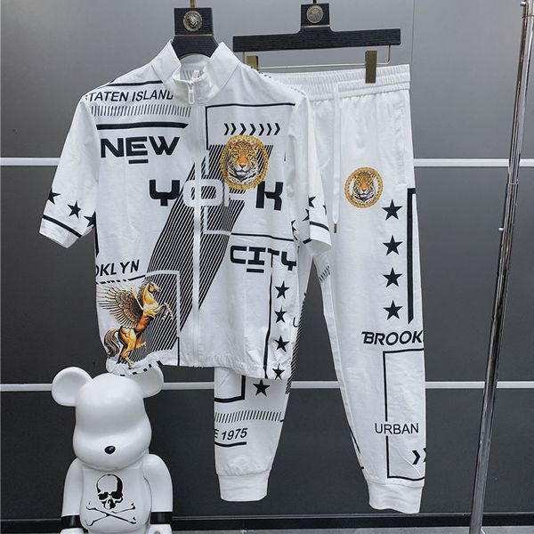 

men s tracksuits suit summer korean version of the ice silk casual printing zipper two piece sportswear men clothing tracksuit 230629, Gray