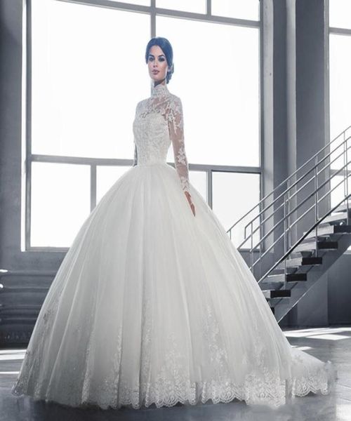 

elegant high collar ball gown wedding dresses new 2022 muslim long sleeves train lace appliques wedding gowns vintage chapel brida8423336, White