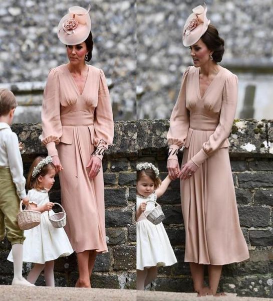 

kate middleton simple chiffon mother of the bride dress long sleeves tea length vintage wedding guest dress v neck dusty pink form6156841, Black;red