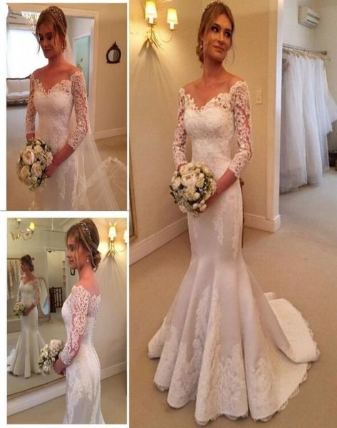 

exquisite sheer lace mermaid wedding dresses with 34 long sleeves off shoulder satin robe de moriee grace bridal gowns2668473, White