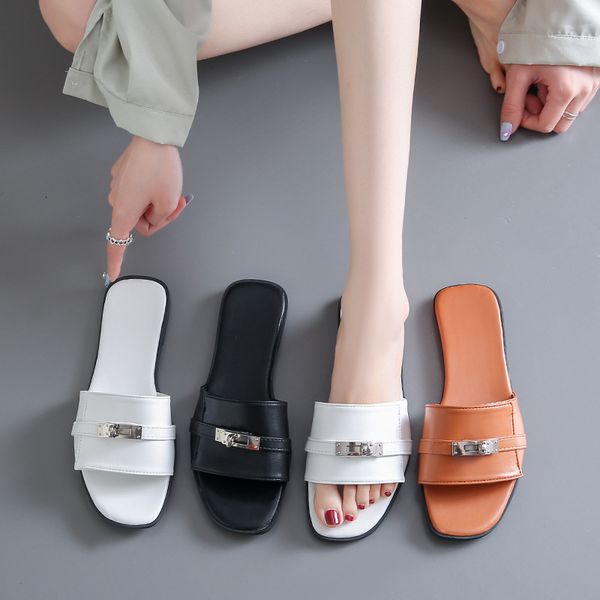 

luxury designer summer giulia slipper women h slides letter sandals fast casual shoes silver lock it buckle slippers calfskin leather women, Black