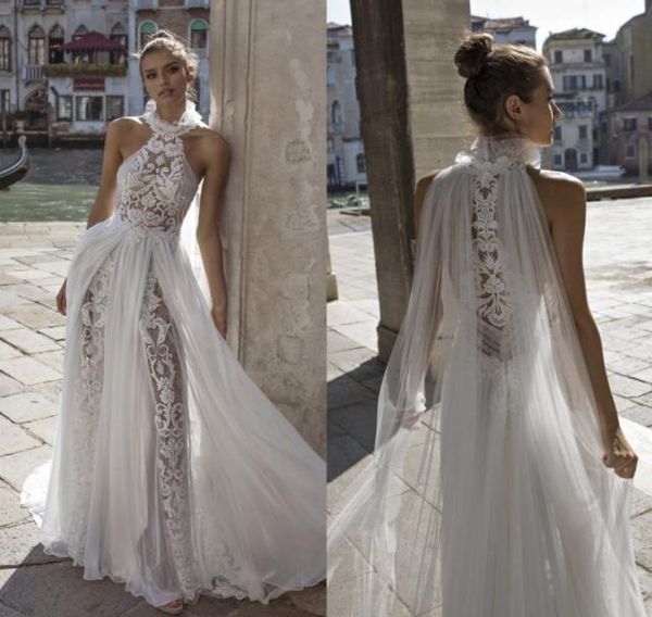 

fashion bohemian lace wedding dresses halter neck boho bridal gowns floor length beach chiffon a line vestidos de novia6388426, White