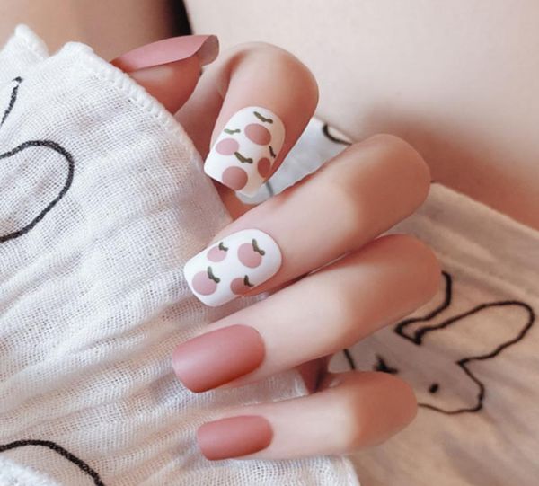 

24 pcsset peach pink texture false nail frosted short fake nails full cover scrub french nail art6729809, Red;gold