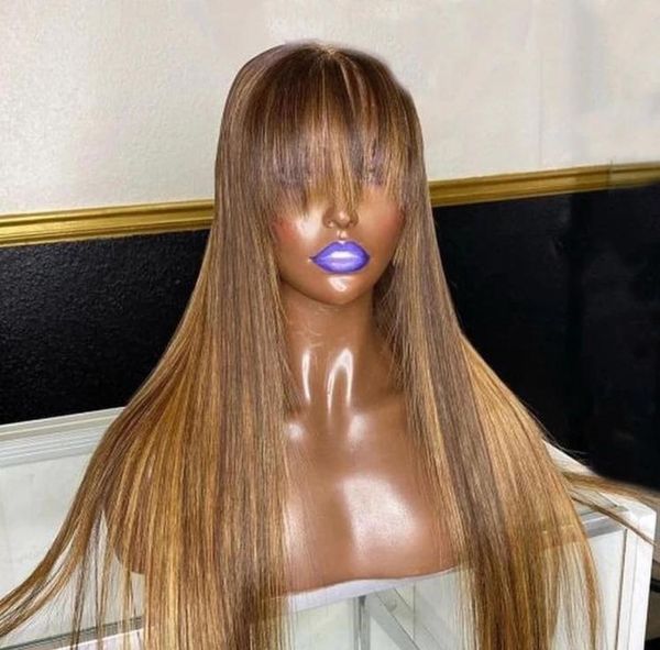 

glueless highlight honey blonde 360 lace frotnal human hair wig pre plucked with bangs indian remy hd transprent fringe wigs6785542, Black