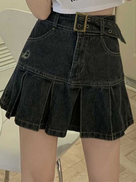 

butterfly embroidered spice girl denim skirt summer harajuku new fashion girl bar club pleated belt pleated skirt vintage 90s l230621, Black