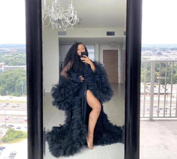 

2020 new chic see thru tulle ruffles black long kimono tiered ruched aline prom gowns puffy sleeves african cape cloak4252326