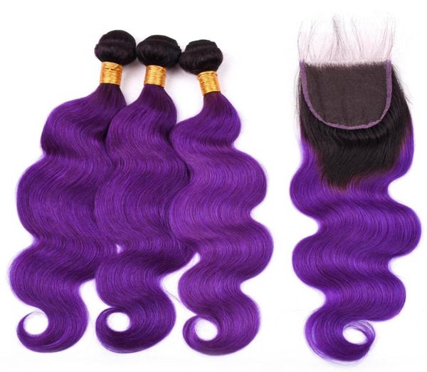

1bpurple ombre malaysian human hair bundles with closure body wave ombre purple weave bundles 3pcs with 4x4 lace closure 4pcs lo2394633, Black;brown
