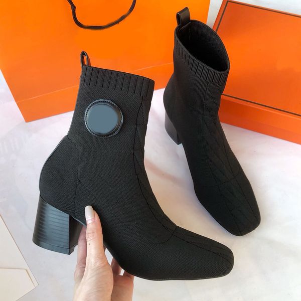 

designer boots wool socks boots women's boots elastic knitted wool high heels square toe size 35-40 heel height 6.5cm with box, Black
