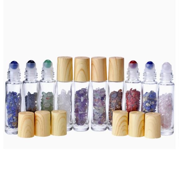 

10 ml clear glass roll on the perfume bottle with natural crystal quartz stone crystal ball wood grain plastic cover essential oil9556432