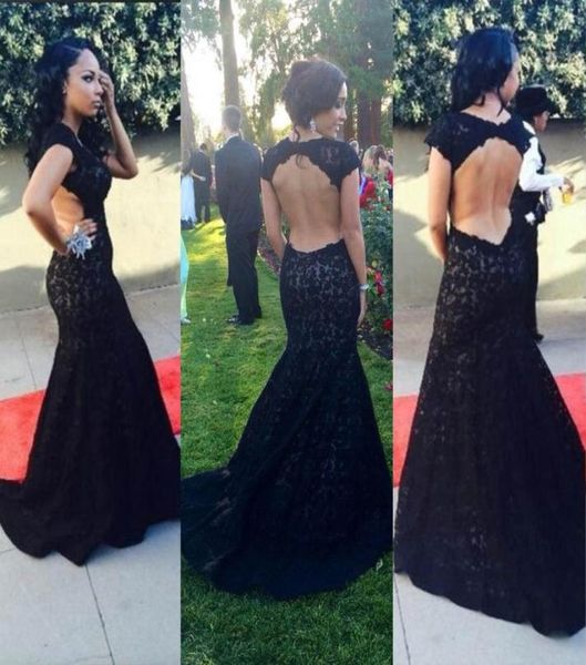 

black lace prom dresses open back capped sleeves long mermaid evening gowns african party dresses9355625