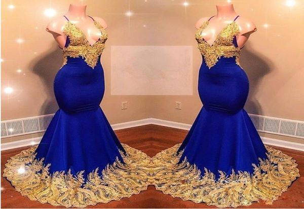 

royal blue mermaid prom dresses with gold appliques backless celebrity dress elastic satin plus size evening party gowns3851415, Black