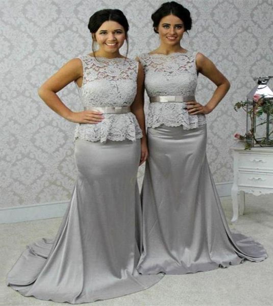 

silver mermaid long bridesmaid dresses with lace peplum sash maid of honor dress backless prom formal gowns9512219, White;pink